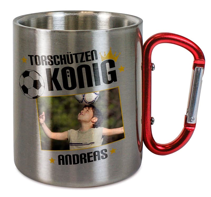Edelstahltasse mit rotem Karabiner und Fußball-Foto