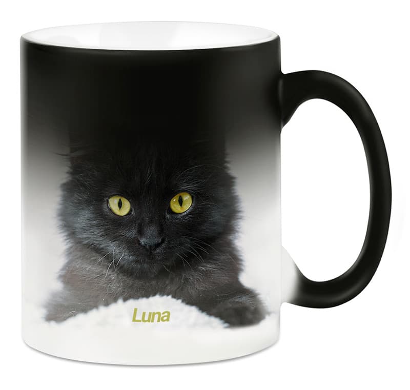 Schwarze Farbwechsel-Tasse mit Foto einer Katze namens Luna
