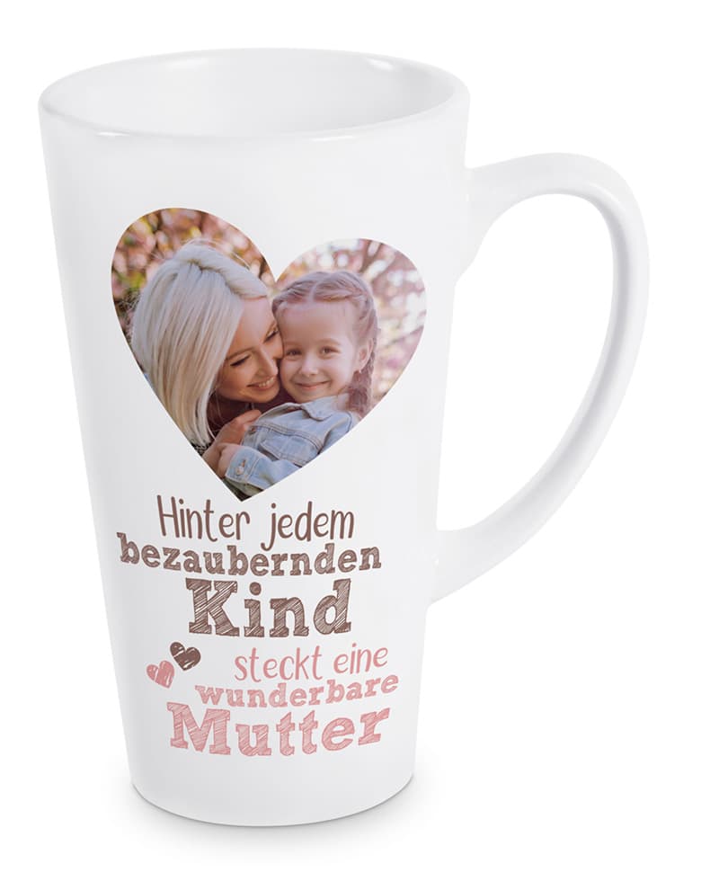 Konische Latte-Macchiato-Tasse mit Herz-Foto und Schriftzug